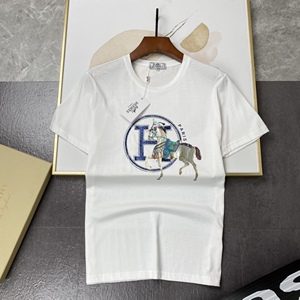 hermes爱马仕h字母烫钻战马印花圆领套头短袖男装宽松t恤纯棉百搭