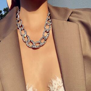 网红博主古巴链宽边粗链条项链欧美ins风夜店性感潮人满钻锁骨链