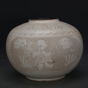 宋代磁州窑白釉雕刻婴戏纹罐子 仿出土文物古瓷器 手工瓷古玩收藏