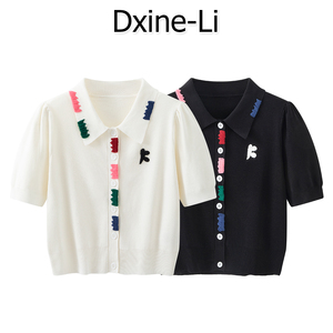 DXINE 2024夏季新款彩色翻领白色系扣上衣贴布袖口短袖针织衫女装