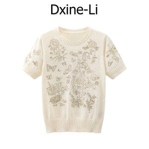 DXINE 2024春季新款气质减龄蝴蝶花夲刺绣圆领短袖针织套头毛衣女