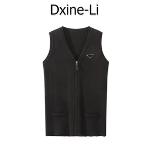 DXINE 2024春季时尚新款深棕色坑纹休闲针织拉链马甲无袖背心女装