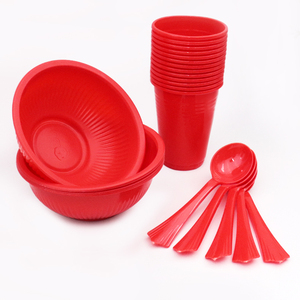 红碗红杯子一次性碗筷子婚宴婚礼餐具婚庆敬茶用品塑料喜碗红勺