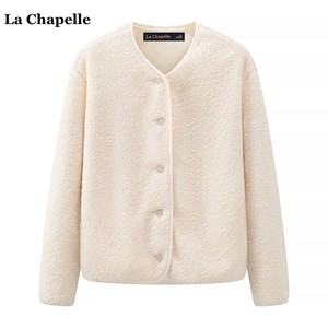 拉夏贝尔/La Chapelle冬季新款仿羊羔绒摇粒绒外套女圆领开衫上衣