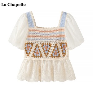 拉夏贝尔/La Chapelle法式方领镂空拼接衬衫女短袖夏季甜美娃娃衫