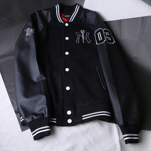 mlbny棒球服秋季经典拼接刺绣毛呢情侣款休闲夹克大码长袖外套男
