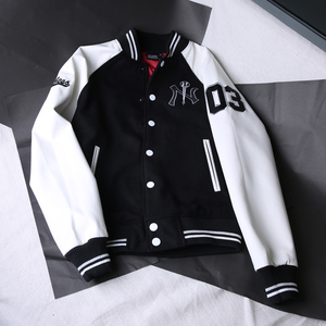 mlbny情侣棒球服春季黑白拼接刺绣毛呢大码情侣款休闲夹克外套女