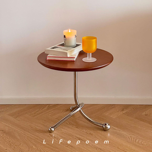 Lifepoem复古实木圆形茶几樱桃木迷你简约小户型不锈钢床头桌边几