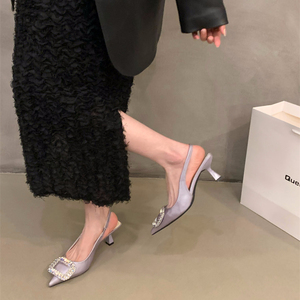 紫色高跟鞋气质配裙子凉鞋仙女鞋子2024新款夏季法式水钻尖头单鞋