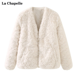 拉夏贝尔/La Chapelle仿兔毛短款外套女新款宽松加厚棉衣棉服冬季