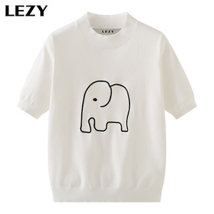 丽姿lezy2022夏新款低圆领短袖针织衫毛衣女大象宽松显瘦休闲上衣