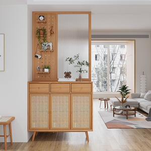日式玄关柜樱桃木入户门客厅洞洞板长虹玻璃隔断藤编一体屏风鞋柜