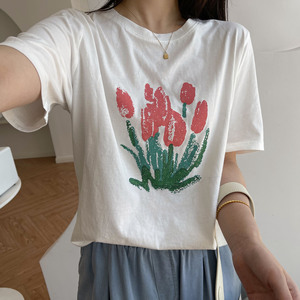 夏季新款时尚立体花朵短袖t减龄气质钉珠流苏t恤女白鹿语旗舰店105