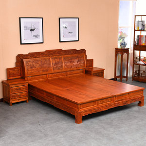 明清古典原木天然全实木双人床仿古榆木雕花床简约富贵床板式家具