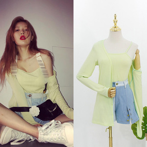 金泫雅明星同款衣服女早春季气质荧光色背心长袖外套上衣牛仔短裤