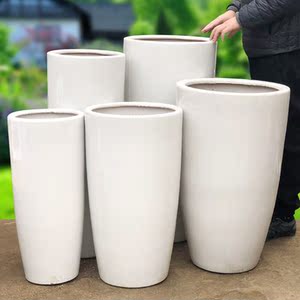 出口亮光白色落地室外陶瓷大花盆 高筒花瓶炮筒形高度90厘米软装