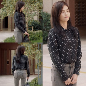 一生一世白鹿时宜同款衣服女黑色星星波点印花衬衫上衣牛仔裤秋季