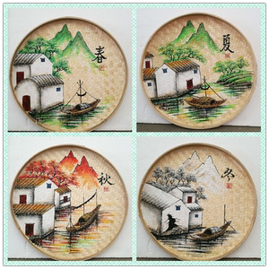 纯手工竹簸箕画竹匾竹筛竹编创意彩绘画竹筐农家乐火锅店复古装饰