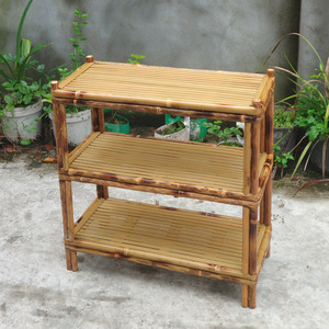 竹制厨房置物架收纳微波炉架子多层落地储物架三层竹子火锅店菜架