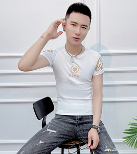 2022新款男士短袖潮牌t恤夏季衣服潮流圆领半袖社会小伙紧身体恤
