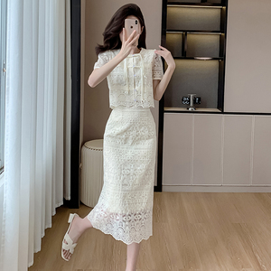 气质女神范高端御姐炸街新中式白色蕾丝盘扣上衣半身裙两件套装夏
