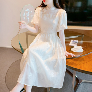 夏季新中式旗袍改良旗袍刺绣花朵连衣裙设计感收腰显瘦仙女长裙子