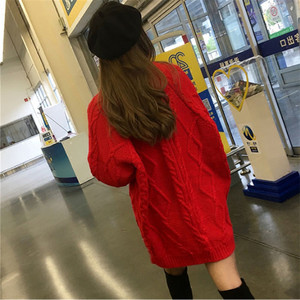 新款韩版圆领慵懒大红色冬季毛衣女套头宽松中长款加厚学生外套