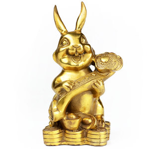 开光纯铜生肖兔摆件十二生肖兔摆件手持如意家居装饰品礼品金钱兔