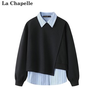 拉夏贝尔/La Chapelle春装新款学院风两件衬衣女条纹拼接卫衣上衣