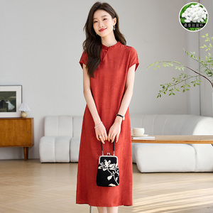 新中式红色改良真丝旗袍2024新款女夏季杭州高端桑蚕丝大码连衣裙