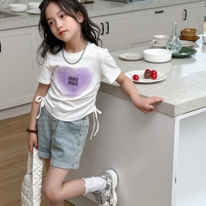 女童夏装韩式T恤2024儿童新款爱心亮片短袖中大童百搭款外穿上衣