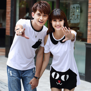 蜜桃猫情侣装猫卡通可爱萌系日系韩版2019新款露肩夏装情侣连衣裙