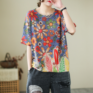 夏季薄小碎花短袖t恤女宽松圆领印花针织棉透气打底少女半袖上衣