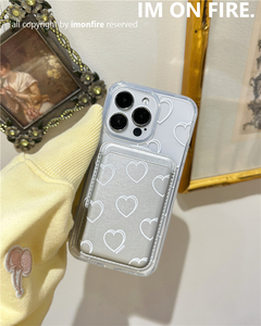 自制韩国ins小众文艺白色爱心银色皮革磁吸插卡卡套包iPhone15promax14plus13pro12xs透明手机壳
