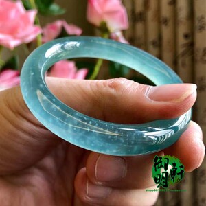 【御明轩】平洲玉器a货老坑木那冰种 老蓝水雪花棉 圆条翡翠手镯