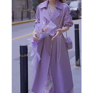 法式紫色气质高级感风衣外套女2023秋季新款赫本双排扣中长款大衣