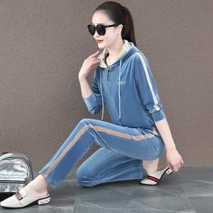 金丝绒运动套装女2021新款时尚春秋连帽卫衣灯芯条绒休闲服两件套