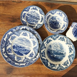 外贸原单出口英国复古青花蓝色城堡装饰陶瓷餐具西餐盘子碗咖啡杯