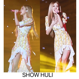 blackpink朴彩英rose同款方领黄色泡泡袖碎花连衣裙不规则裙子女