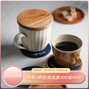 日本牛仔布杯垫小茶杯防烫垫圆形小碟子零食点心碟手工实木杯盖