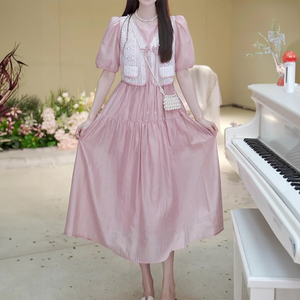 安荣高端品质夏季女士气质拼接假两件显瘦宽松遮肚新中式连衣裙子