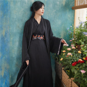 【华果】玄色汉服直裾褙子传统交领深衣魏晋春秋战国男女茶服禅服