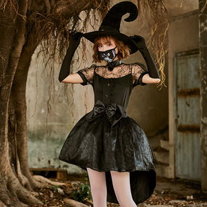 万圣节派对聚会魔女cosplay演出服黑色性感网纱镂空女巫巫婆服装
