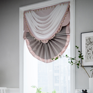 现代美式轻奢丝绸质感高精密粉灰扇形罗马帘水波幔帘头窗帘升降帘