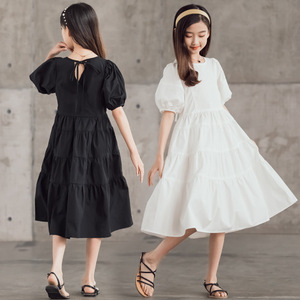 韩国女童连衣裙2024夏季新款中大童泡泡袖中长款蛋糕裙长裙亲子装