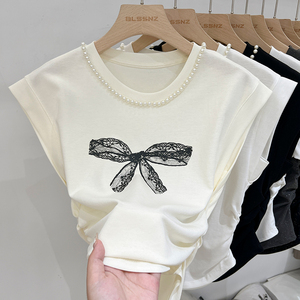 纯棉重工钉珠杏色短袖t恤女2024新款夏季设计感法式蝴蝶结上衣潮
