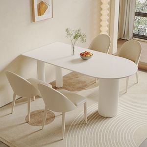 楠运奶油风纯白色岩板餐桌餐椅组合家用半圆形桌子现代简约小户型