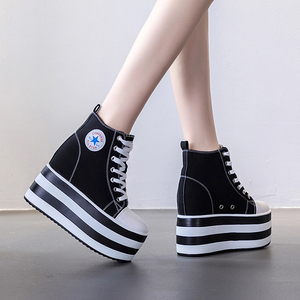 白色高帮帆布鞋女2021春款12cm厚底松糕鞋33码小码百搭内增高女鞋