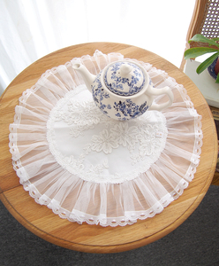 法式复古白纱刺绣亮片蕾丝桌布垫韩式梦幻圆形桌垫花瓶台灯防刮垫