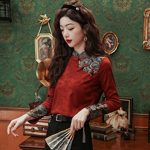 新中式刺绣盘扣长袖衬衫女春季国风提花立领雪纺小衫高级红色上衣